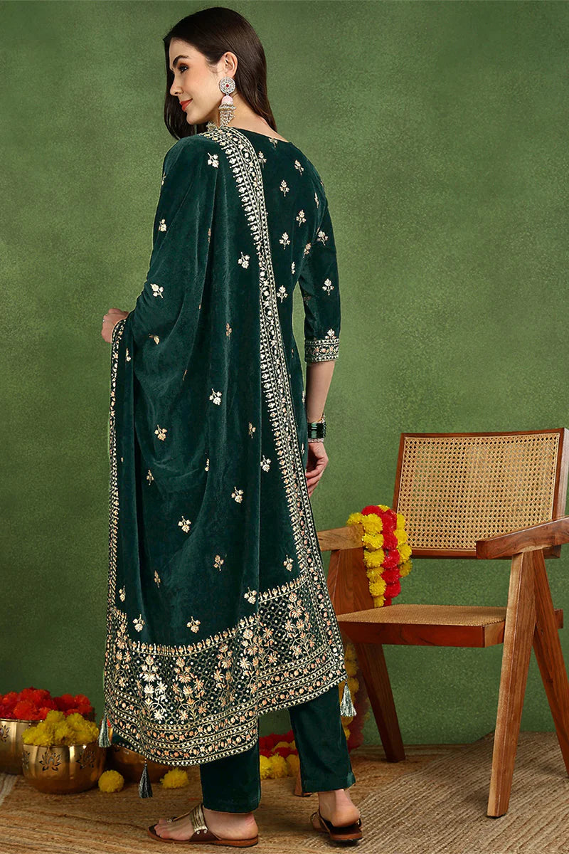 Green Velvet Ethnic Motifs Printed Straight 3-Piece Suit Set