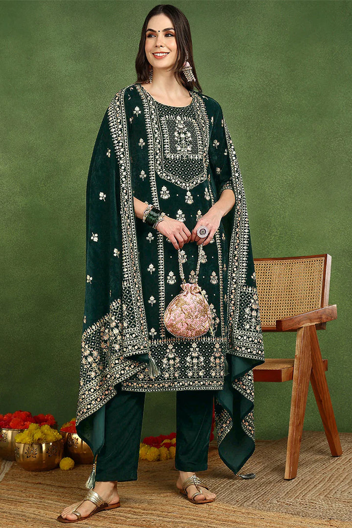 Green Velvet Ethnic Motifs Printed Straight 3-Piece Suit Set