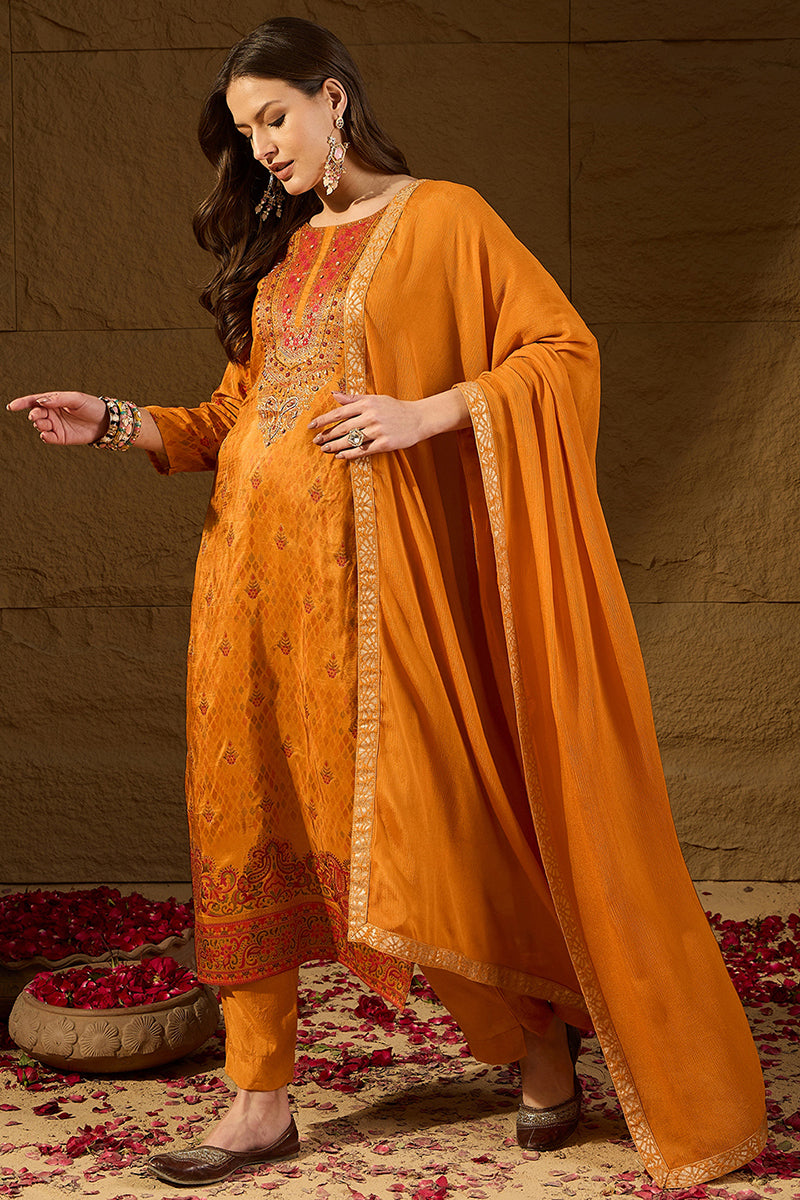 Mustard-Pure-Silk-Ikat-Design-Straight-3-Piece-Kurta-Set