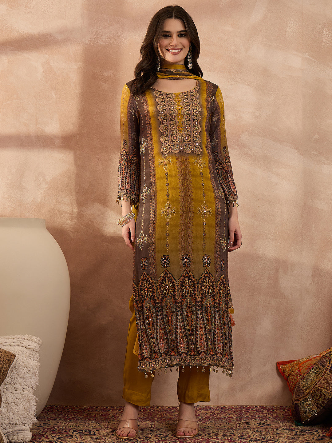 Mustard Viscose Rayon Solid Embroidered Straight Kurta Trousers With Dupatta