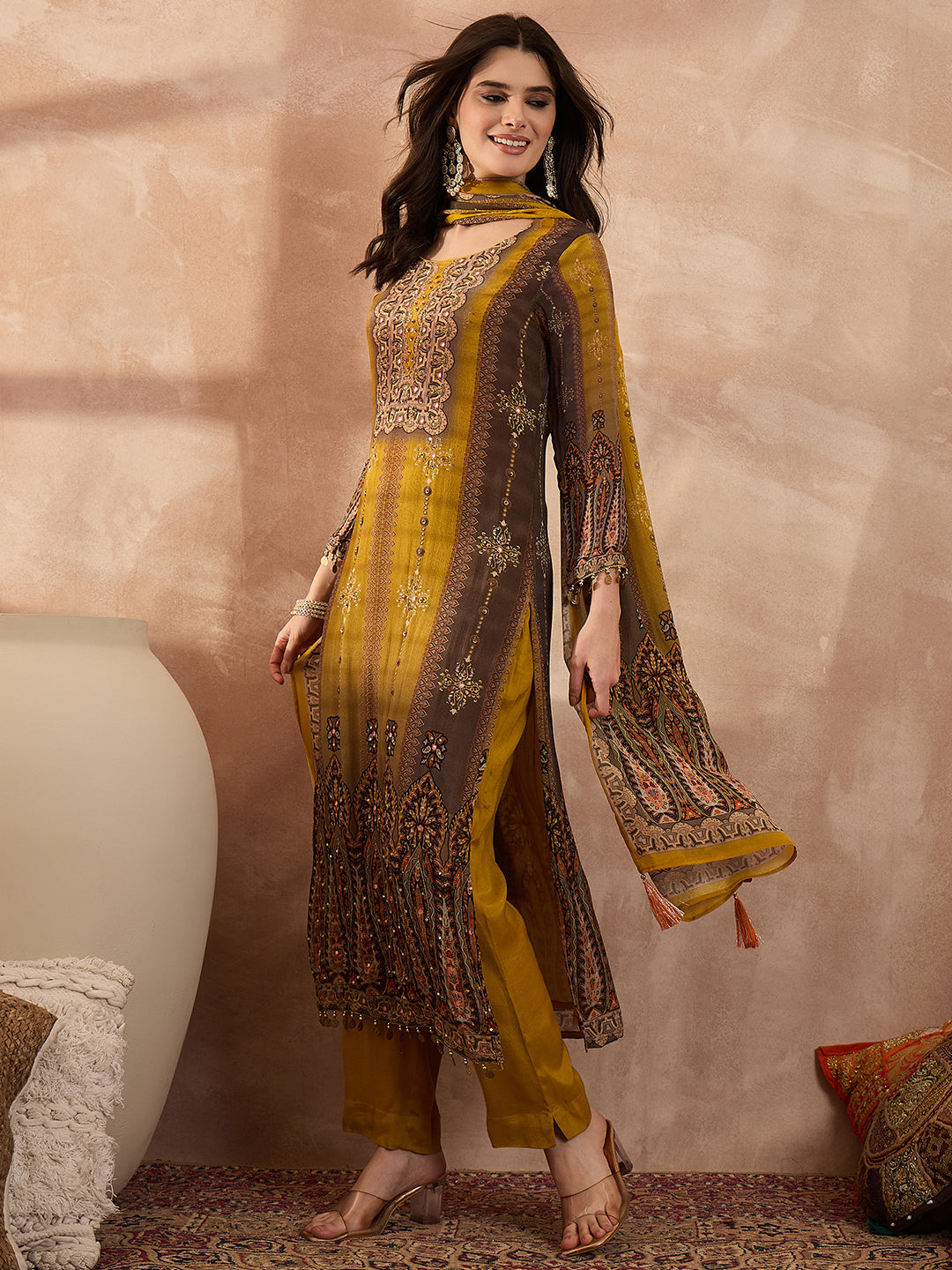 Mustard Viscose Rayon Solid Embroidered Straight Kurta Trousers With Dupatta