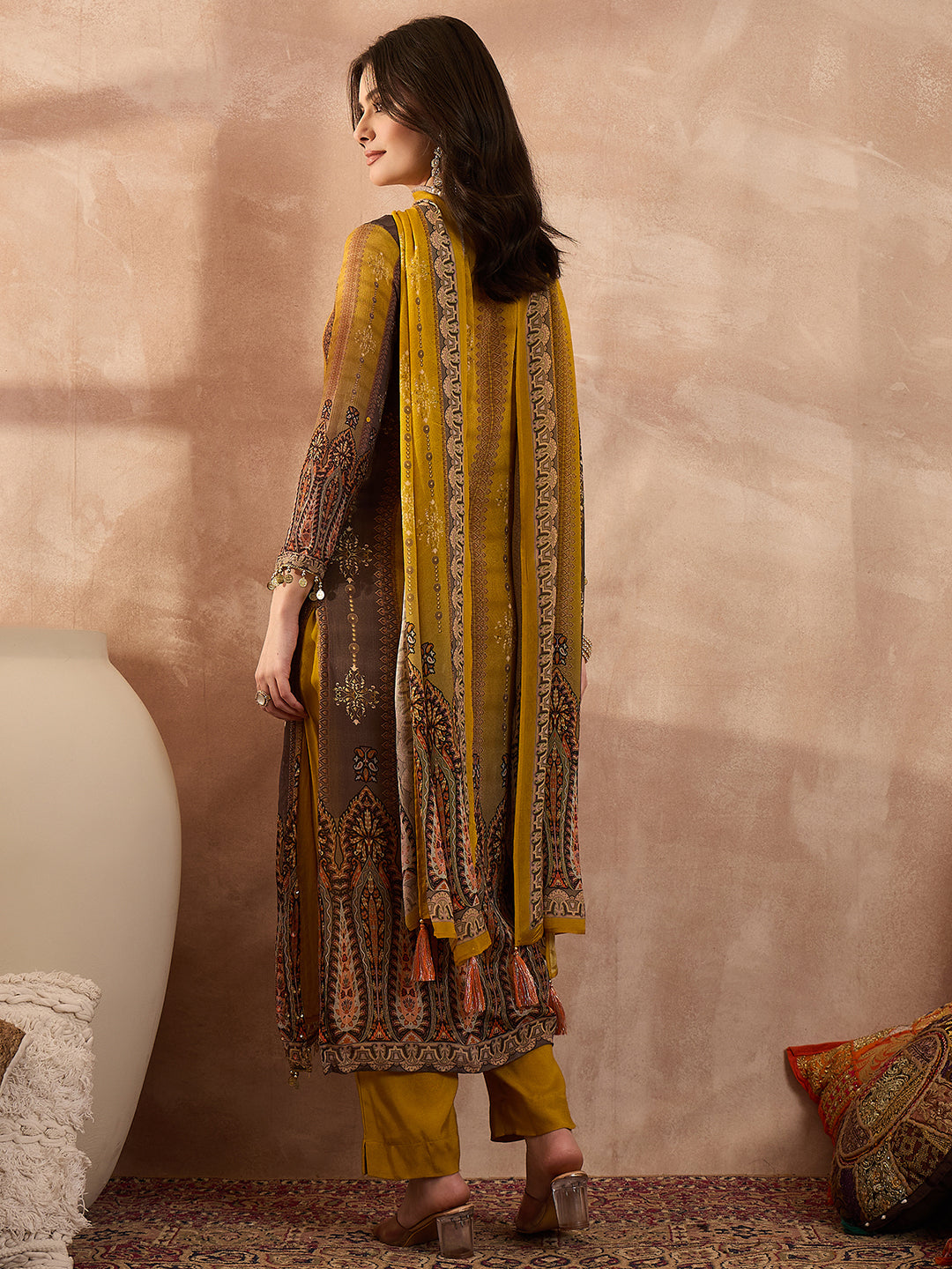 Mustard Viscose Rayon Solid Embroidered Straight Kurta Trousers With Dupatta