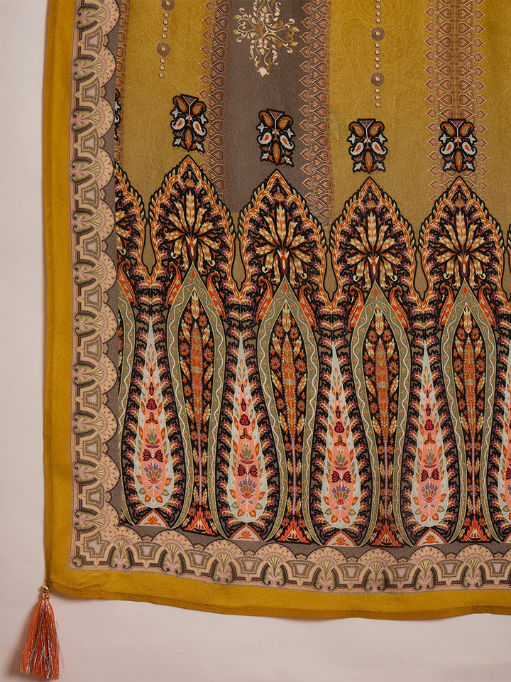 Mustard Viscose Rayon Solid Embroidered Straight Kurta Trousers With Dupatta