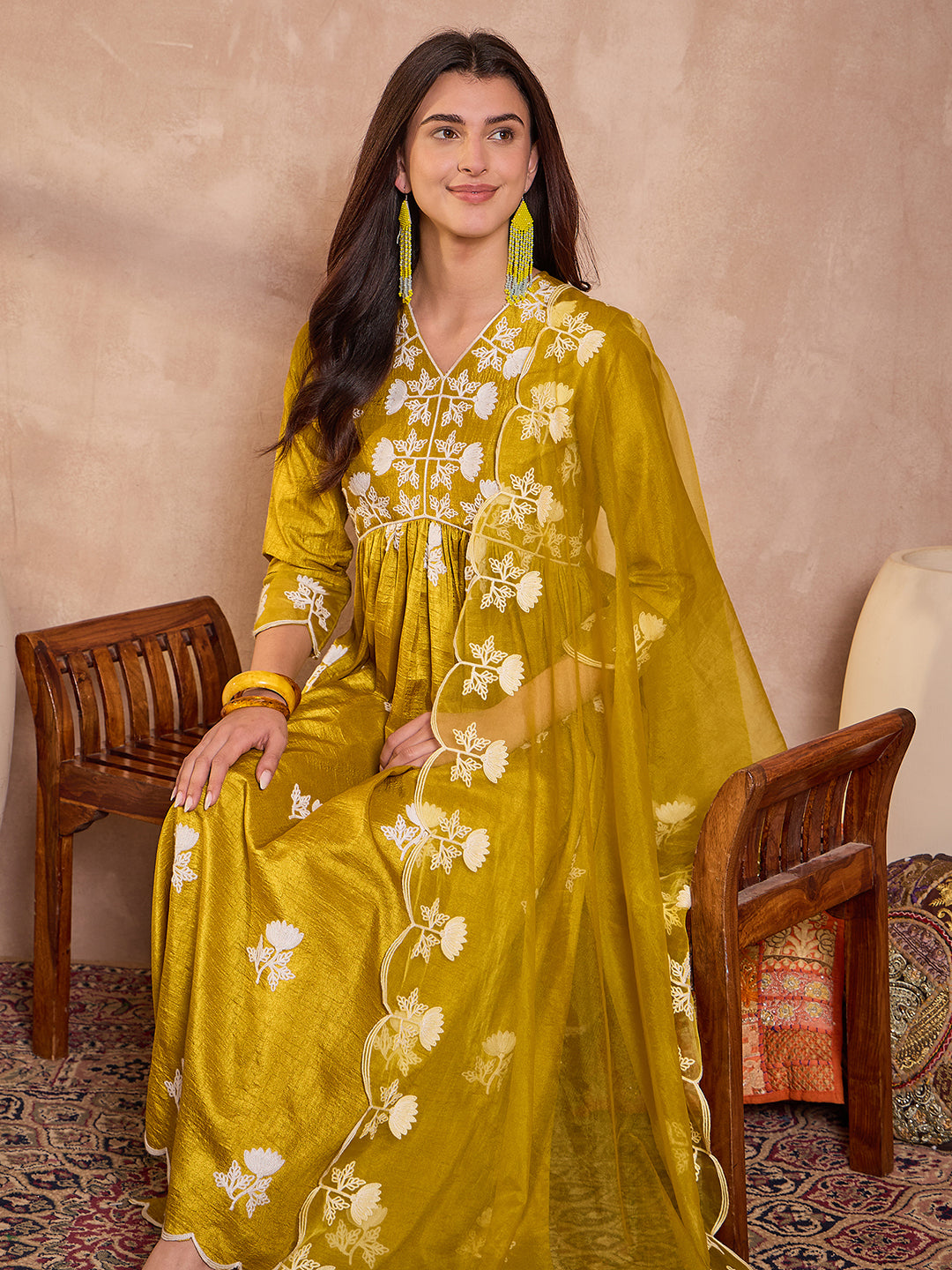 Mustard Silk Blend Solid Embroidered A-Line Kurta Trouser With Dupatta