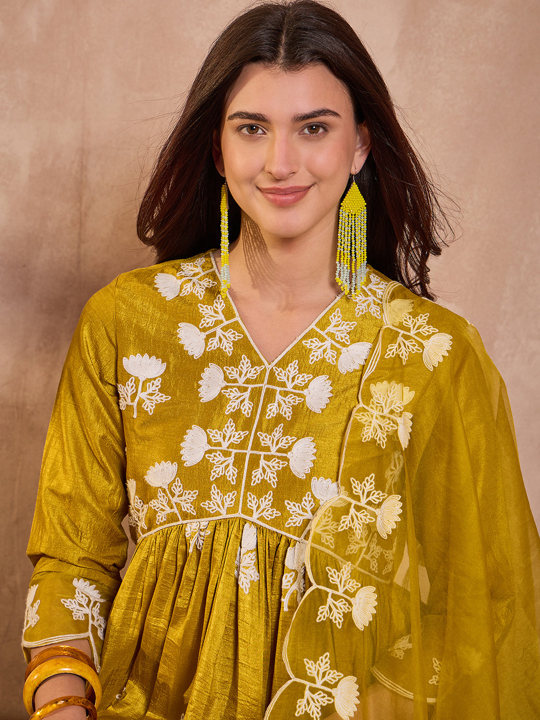 Mustard Silk Blend Solid Embroidered A-Line Kurta Trouser With Dupatta
