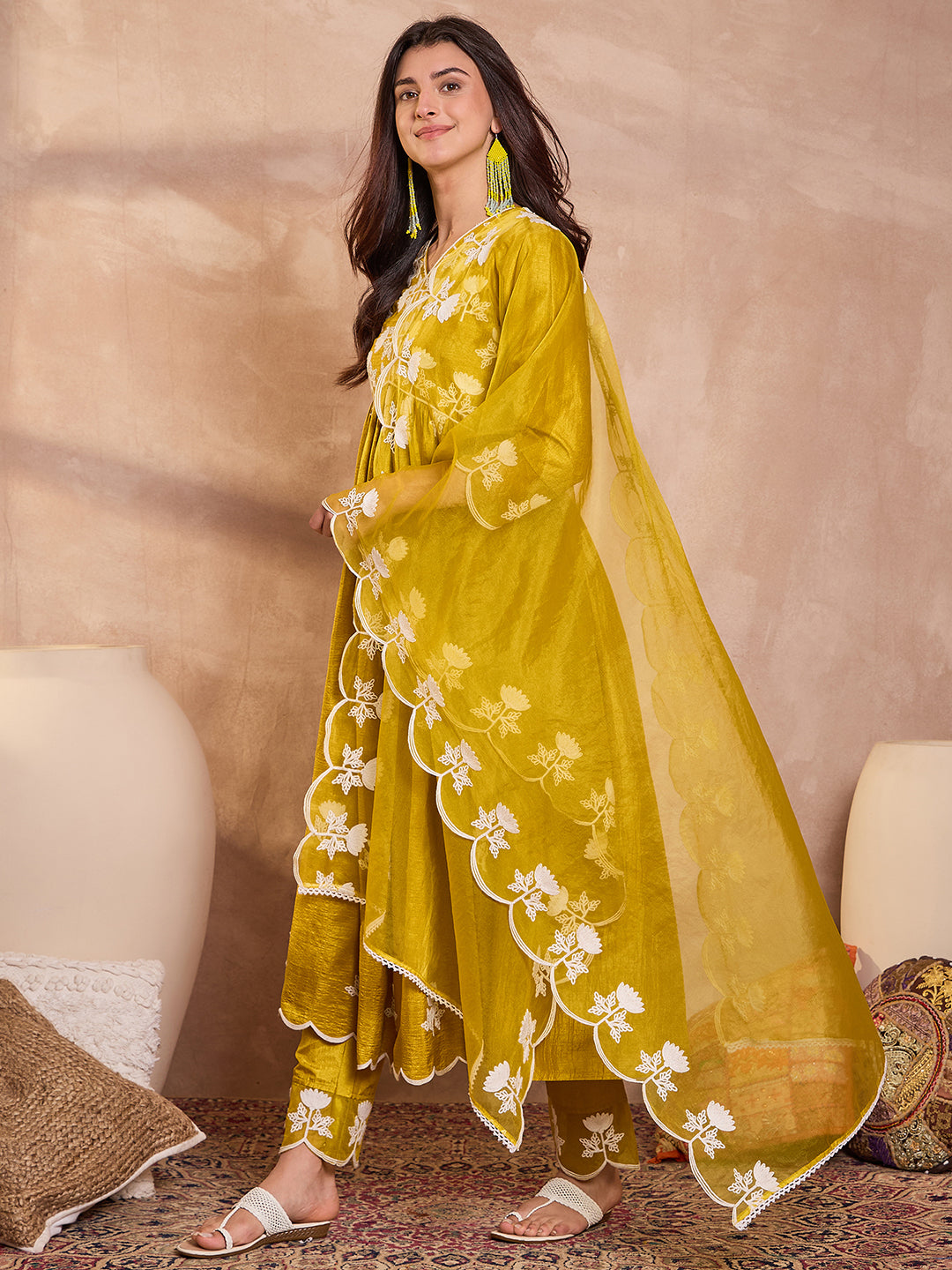 Mustard Silk Blend Solid Embroidered A-Line Kurta Trouser With Dupatta