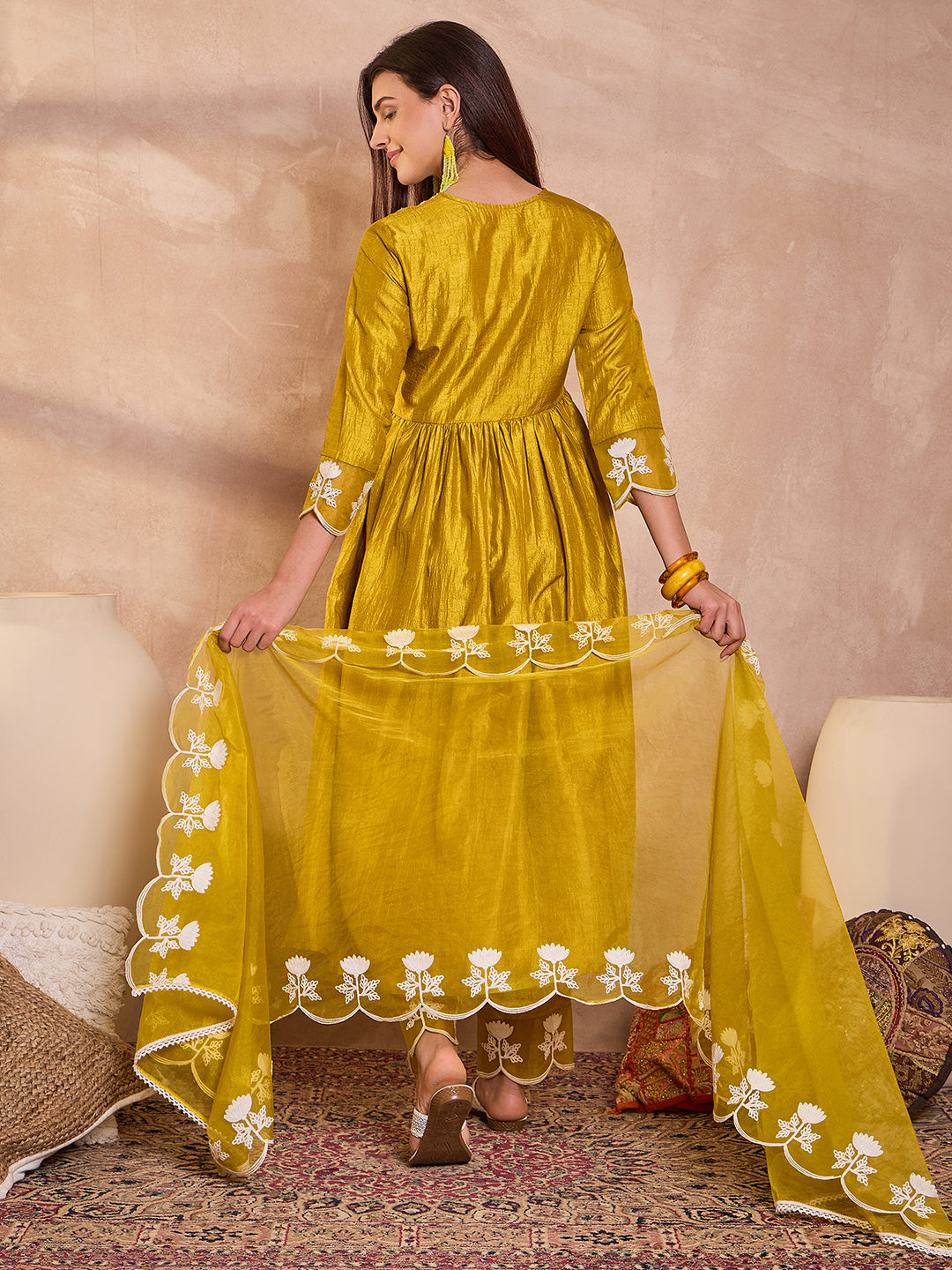 Mustard Silk Blend Solid Embroidered A-Line Kurta Trouser With Dupatta