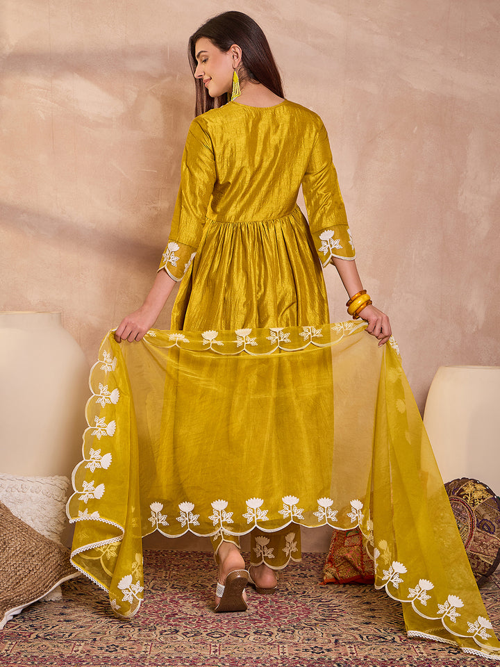 Mustard Silk Blend Solid Embroidered A-Line Kurta Trouser With Dupatta