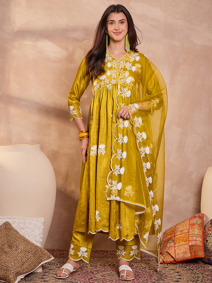 Mustard Silk Blend Solid Embroidered A-Line Kurta Trouser With Dupatta