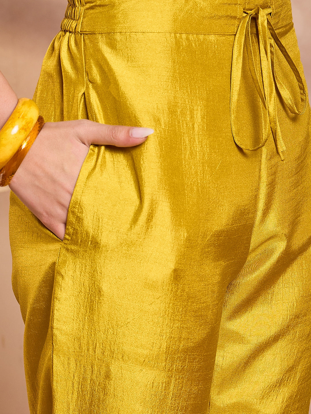 Mustard Silk Blend Solid Embroidered A-Line Kurta Trouser With Dupatta