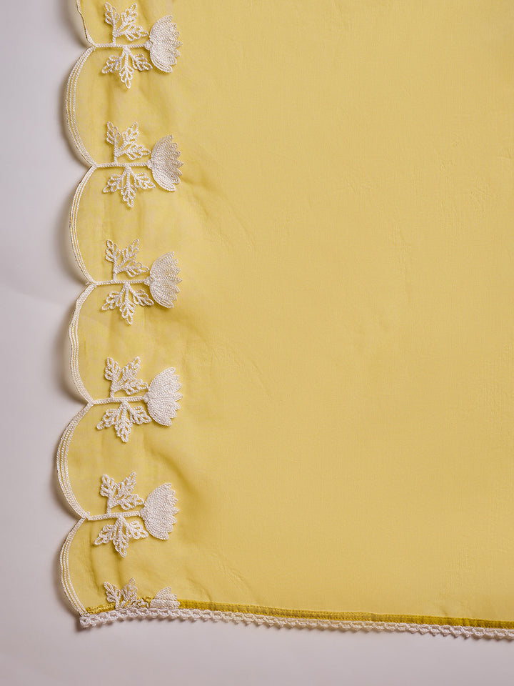 Mustard Silk Blend Solid Embroidered A-Line Kurta Trouser With Dupatta
