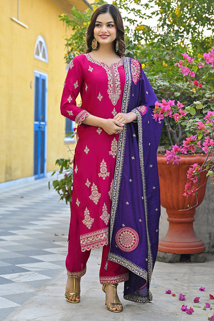Pink-Silk-Blend-Solid-Embroidered-Straight-3-Piece-Kurta-Set