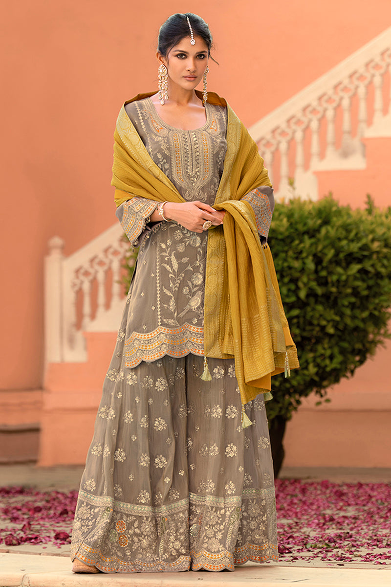 Beige Viscose Shimmer Embroidered Straight Kurta Sharara with Dupatta
