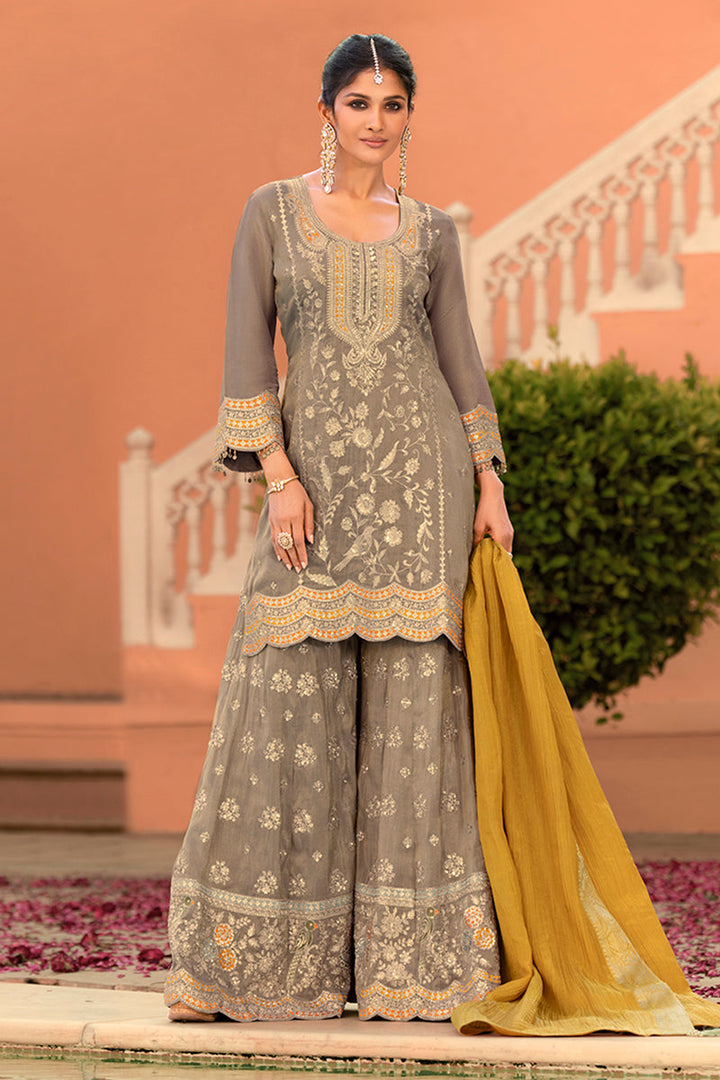 Beige Viscose Shimmer Embroidered Straight Kurta Sharara with Dupatta
