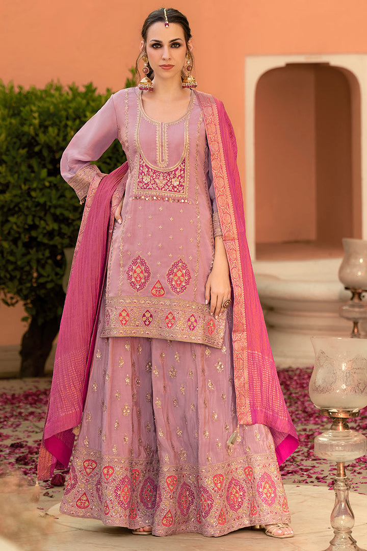 Pink Viscose Shimmer Embroidered Straight Kurta Sharara with Dupatta