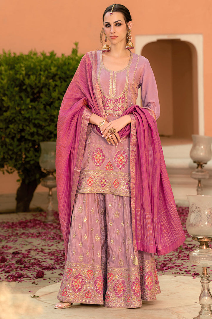 Pink Viscose Shimmer Embroidered Straight Kurta Sharara with Dupatta