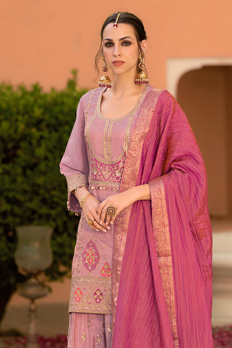 Pink Viscose Shimmer Embroidered Straight Kurta Sharara with Dupatta