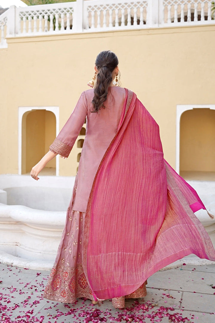 Pink Viscose Shimmer Embroidered Straight Kurta Sharara with Dupatta