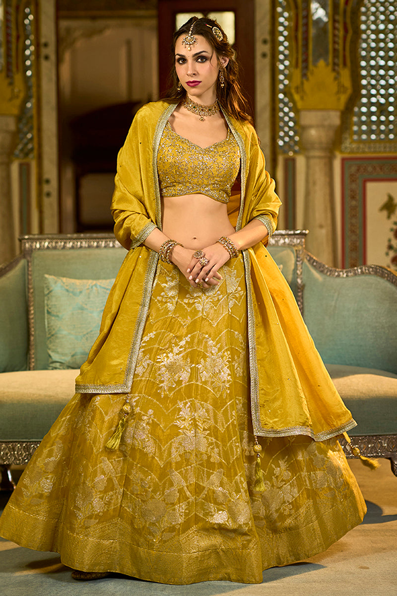 Mustard Viscose Jacquard Sequinned Stitched Lehenga Choli with Dupatta