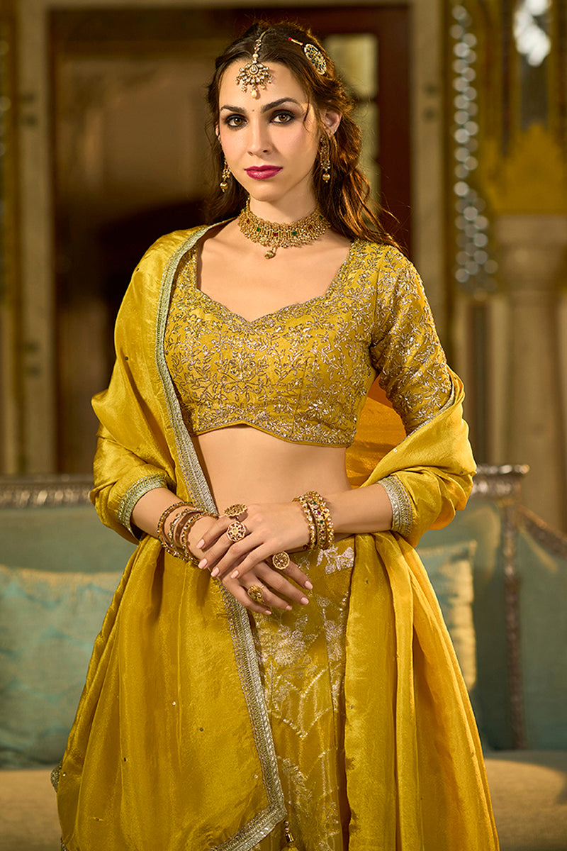 Mustard Viscose Jacquard Sequinned Stitched Lehenga Choli with Dupatta