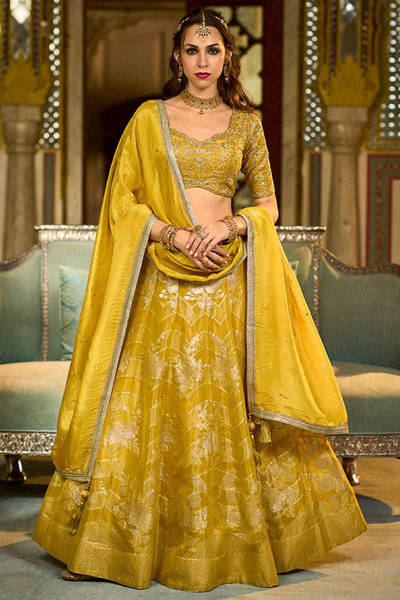 Mustard Viscose Jacquard Sequinned Stitched Lehenga Choli with Dupatta