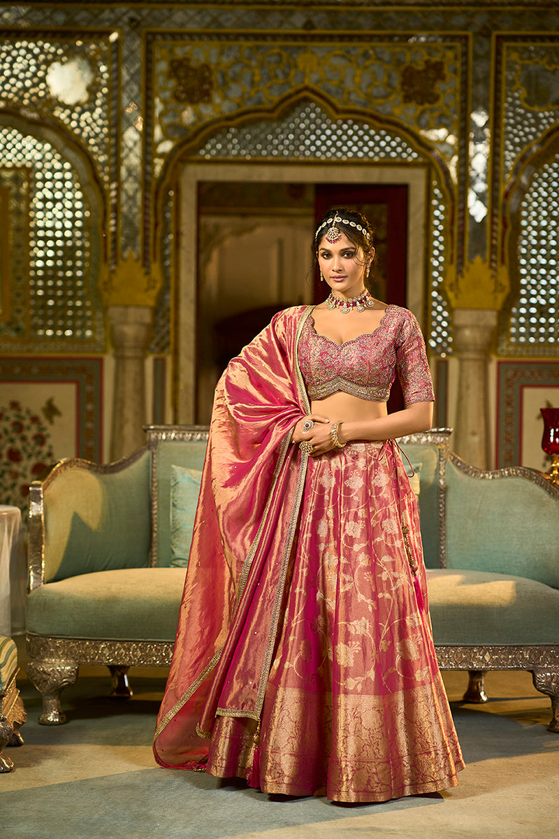 Pink Viscose Jacquard Sequinned Stitched Lehenga Choli with Dupatta