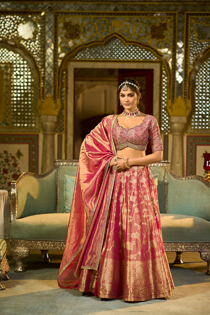 Pink Viscose Jacquard Sequinned Stitched Lehenga Choli with Dupatta
