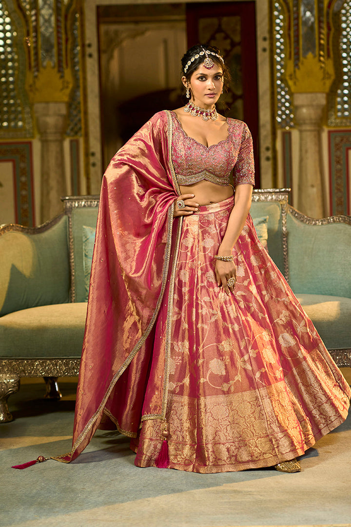 Pink Viscose Jacquard Sequinned Stitched Lehenga Choli with Dupatta