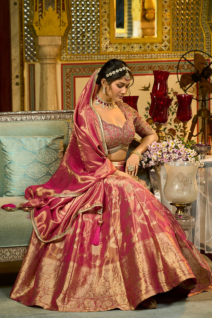 Pink Viscose Jacquard Sequinned Stitched Lehenga Choli with Dupatta