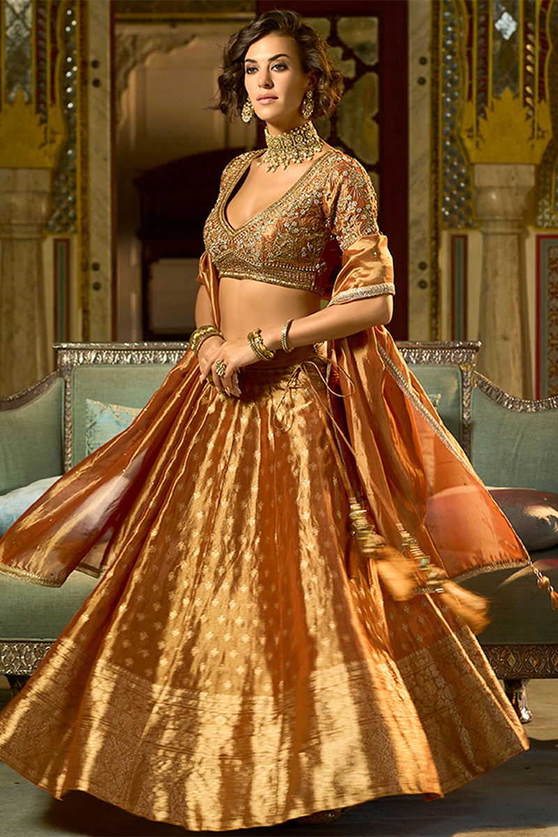Orange Viscose Jacquard Sequinned Stitched Lehenga Choli with Dupatta