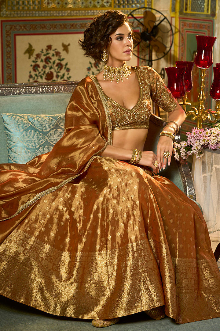 Orange Viscose Jacquard Sequinned Stitched Lehenga Choli with Dupatta