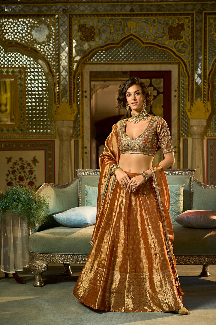 Orange Viscose Jacquard Sequinned Stitched Lehenga Choli with Dupatta