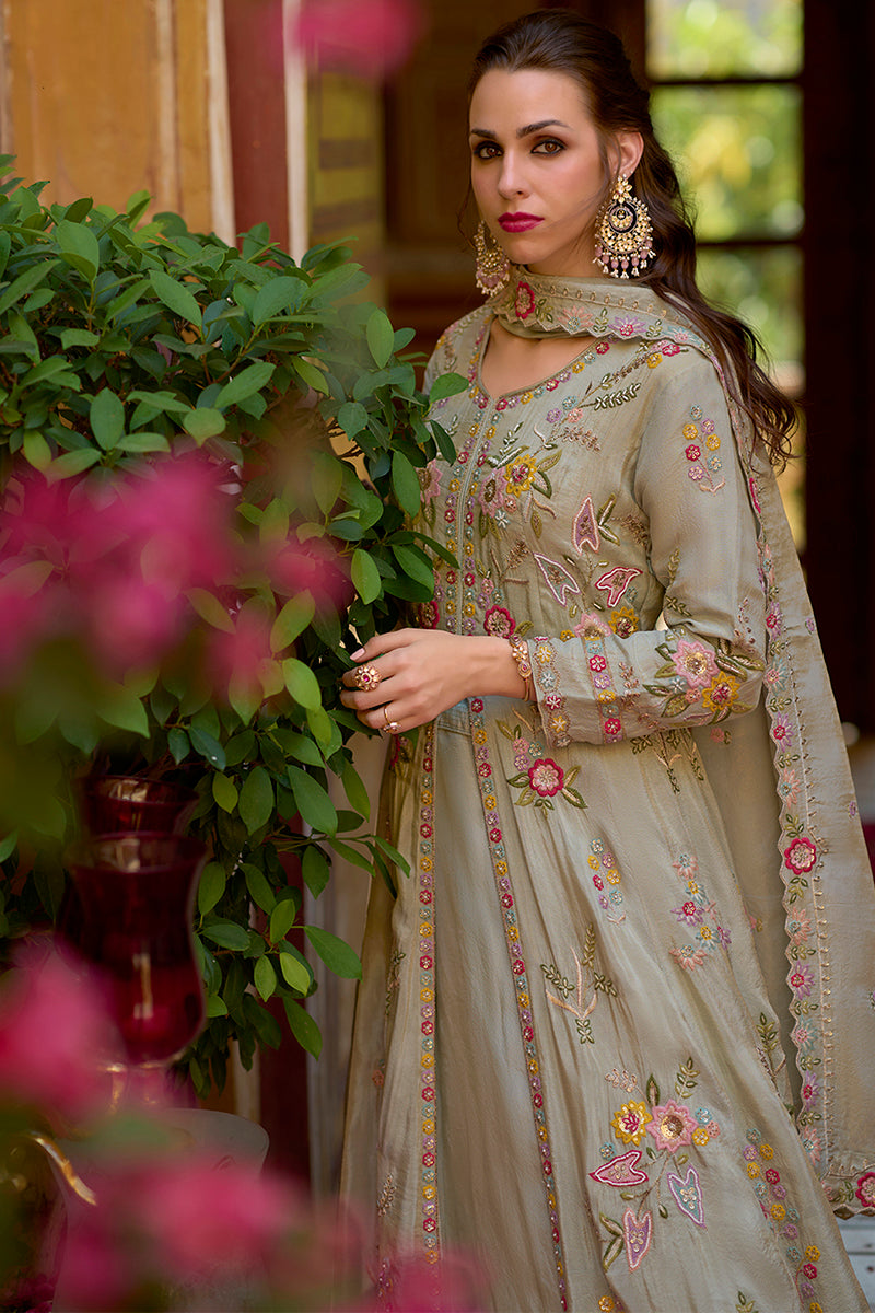 Grey Silk Blend Embroidered Anarkali Kurta Skirt with Dupatta