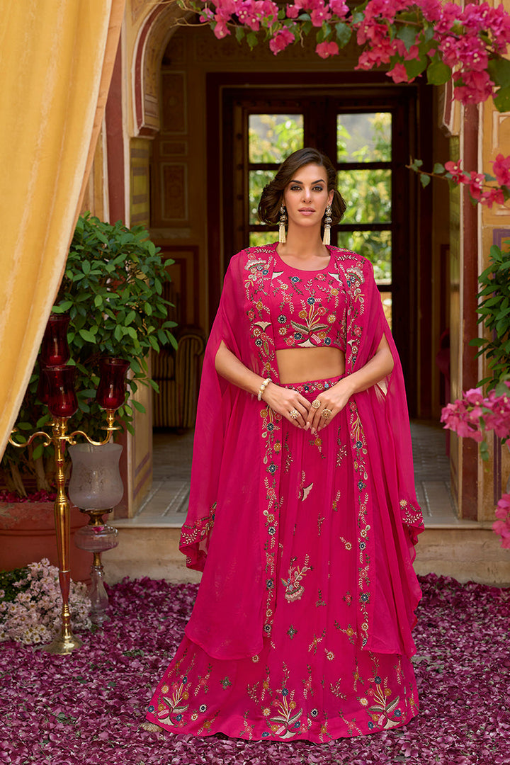 Pink Silk Blend Embroidered Top Skirt with Shrug