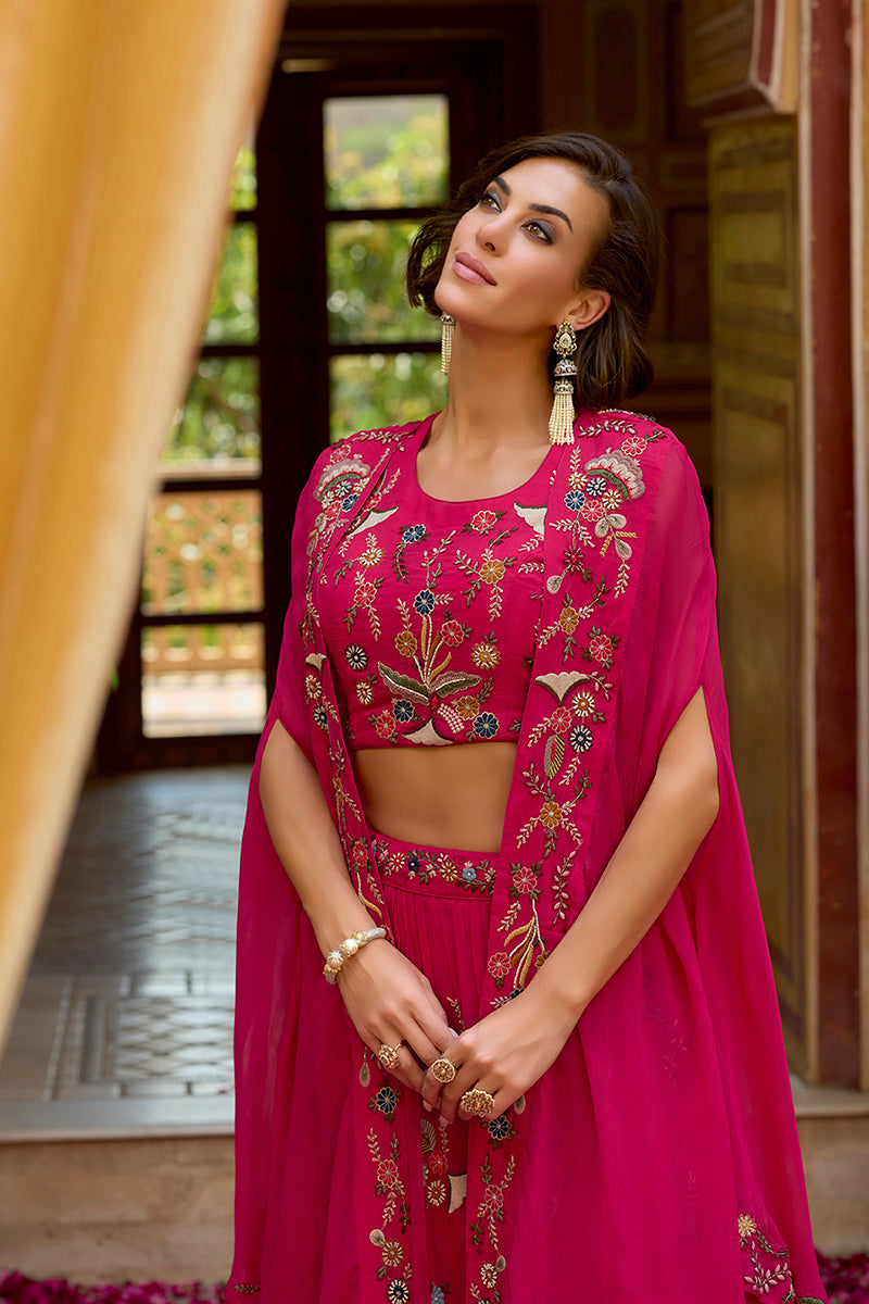 Pink Silk Blend Embroidered Top Skirt with Shrug