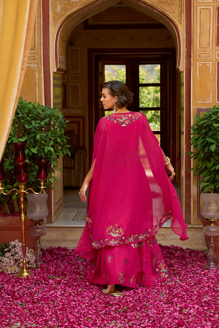 Pink Silk Blend Embroidered Top Skirt with Shrug