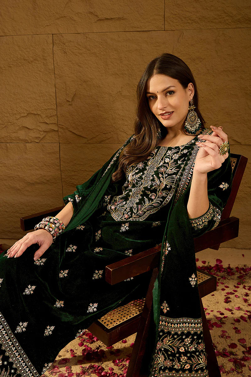 Green Velvet Ethnic Motifs Printed Straight 3-Piece Suit Set