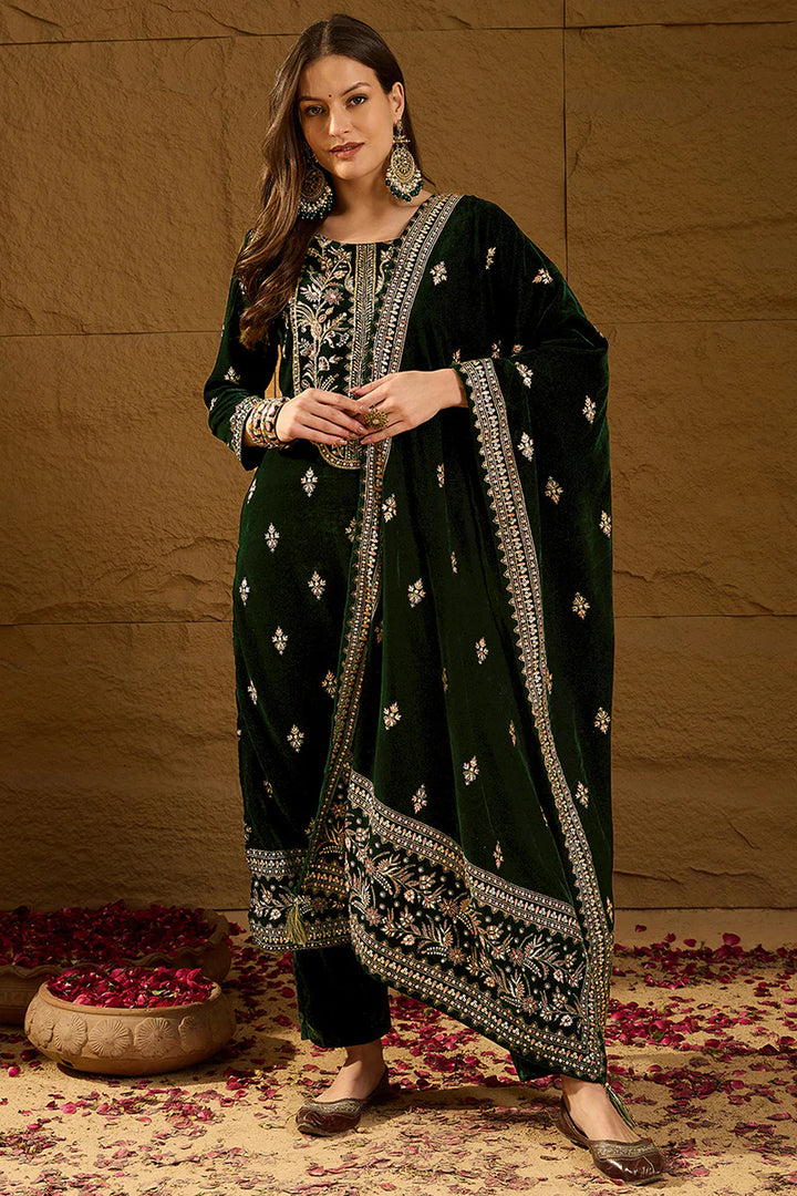 Green Velvet Ethnic Motifs Printed Straight 3-Piece Suit Set