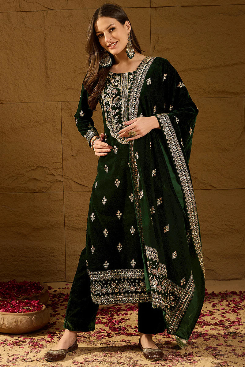 Green Velvet Ethnic Motifs Printed Straight 3-Piece Suit Set