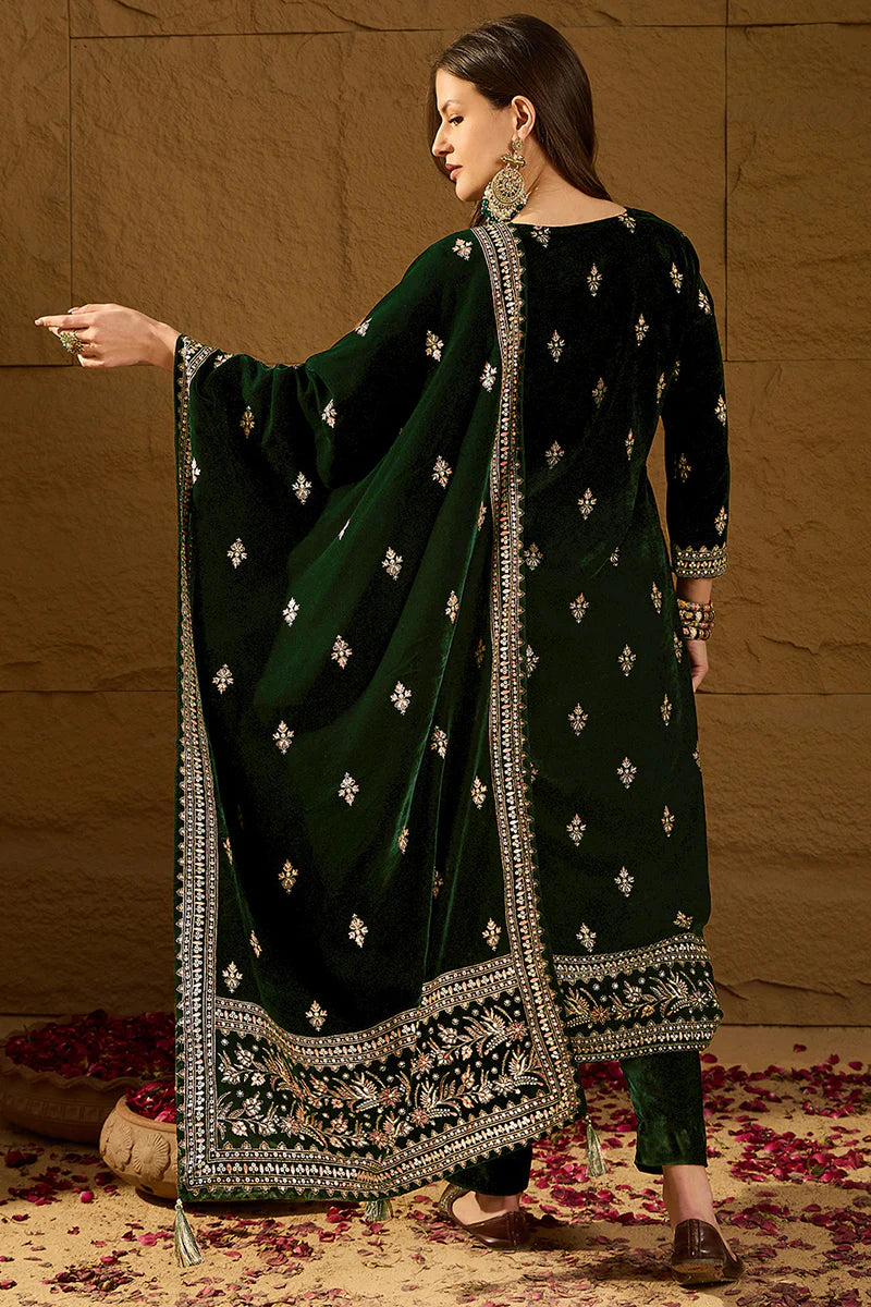 Green Velvet Ethnic Motifs Printed Straight 3-Piece Suit Set