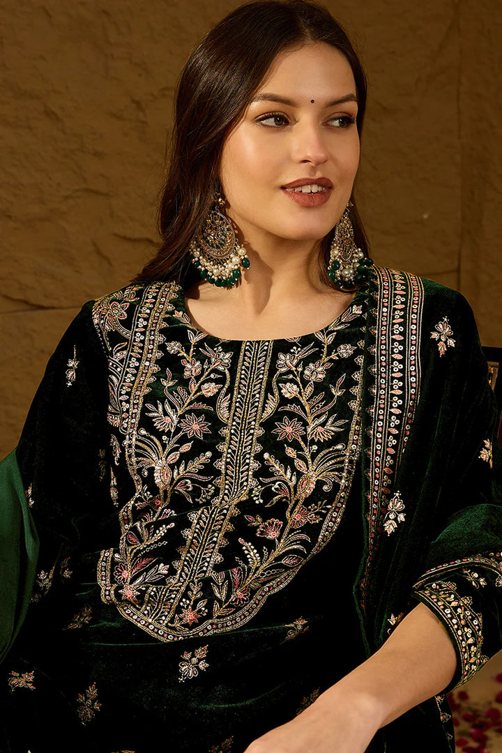 Green Velvet Ethnic Motifs Printed Straight 3-Piece Suit Set