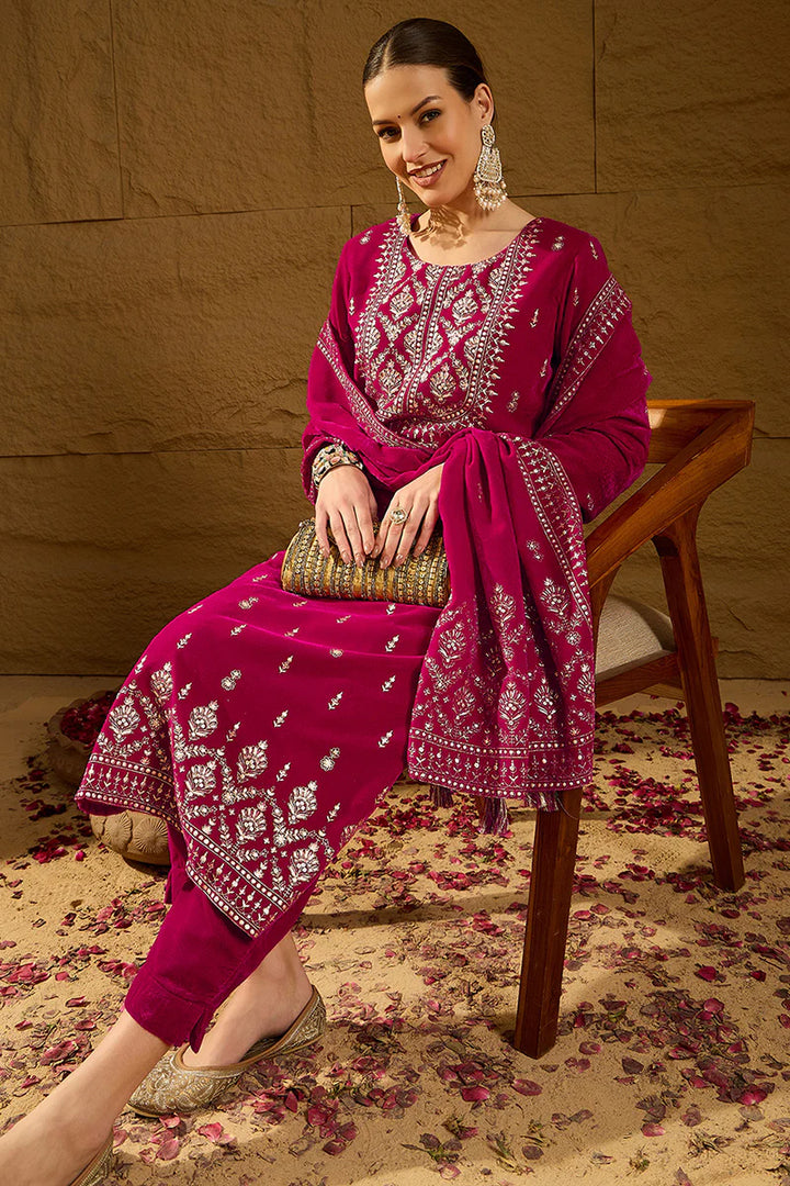 Pink Velvet Ethnic Motifs Printed Straight 3-Piece Suit Set