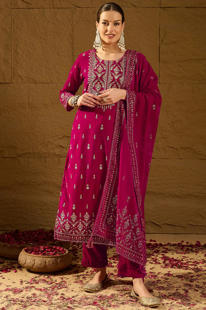 Pink Velvet Ethnic Motifs Printed Straight 3-Piece Suit Set