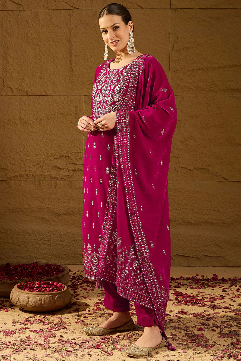 Pink Velvet Ethnic Motifs Printed Straight 3-Piece Suit Set