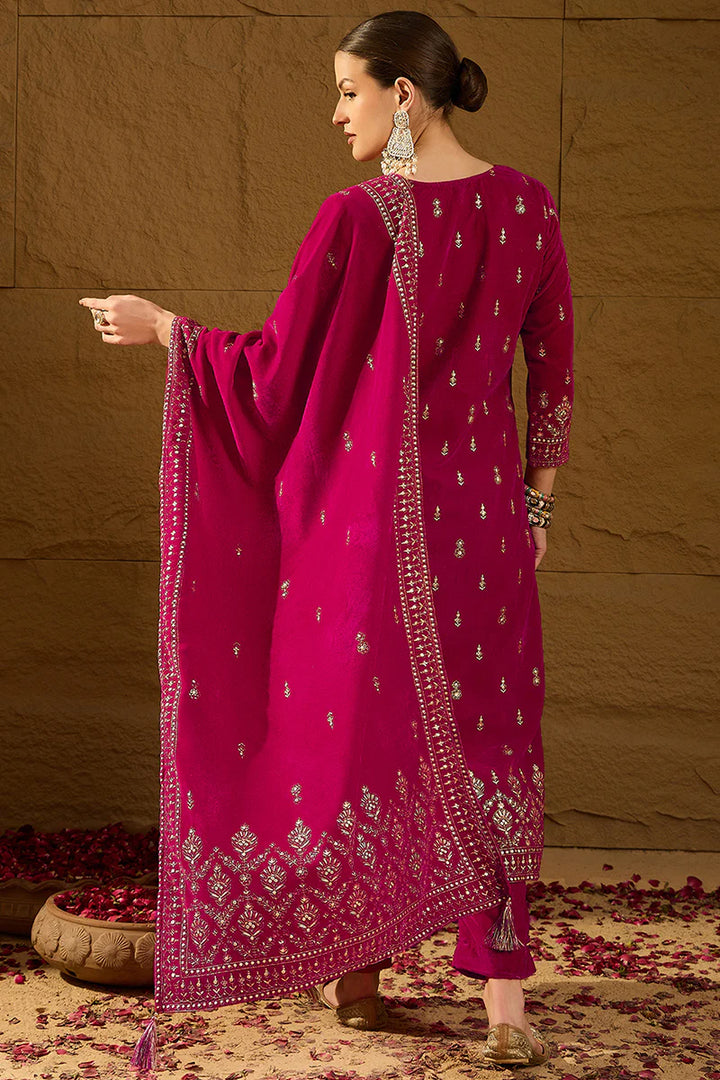 Pink Velvet Ethnic Motifs Printed Straight 3-Piece Suit Set