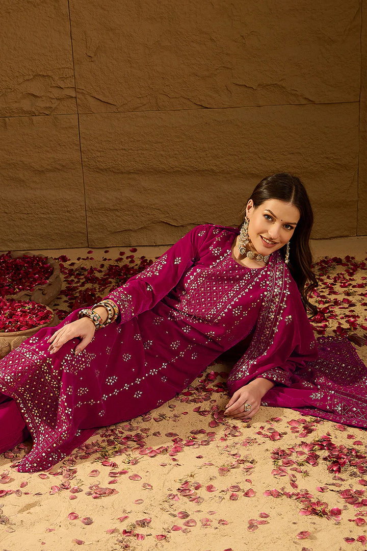 Pink Velvet Ethnic Motifs Printed Festive 3-Piece Suit Set