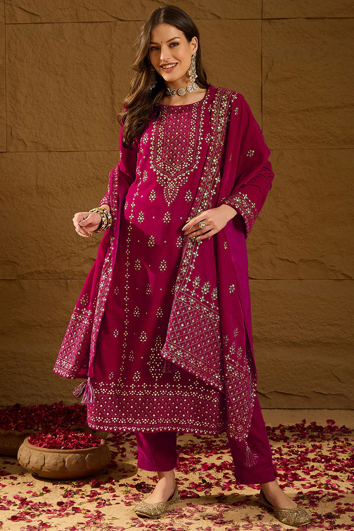 Pink Velvet Ethnic Motifs Printed Festive 3-Piece Suit Set