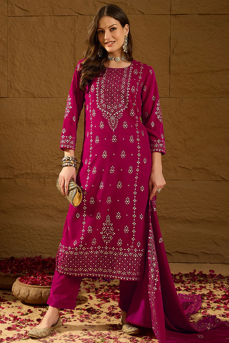 Pink Velvet Ethnic Motifs Printed Festive 3-Piece Suit Set