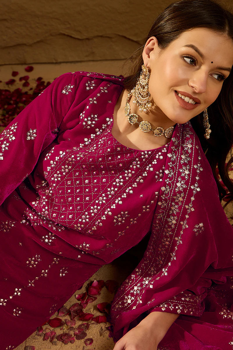 Pink Velvet Ethnic Motifs Printed Festive 3-Piece Suit Set