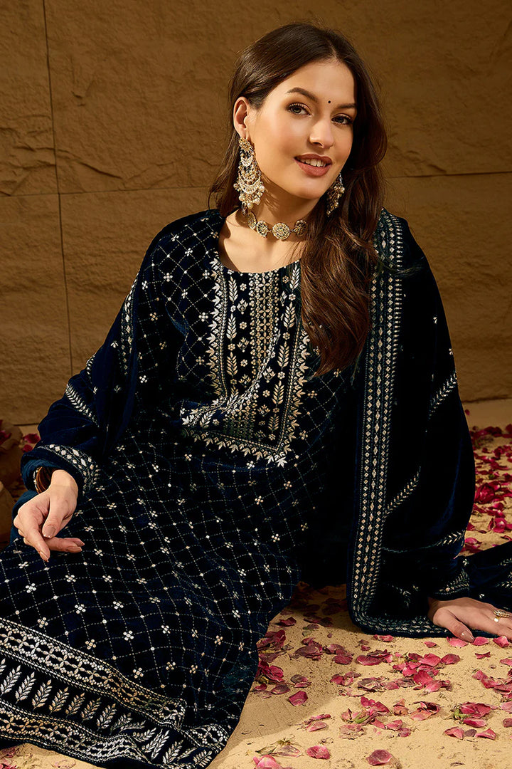 Blue Velvet Ethnic Motifs Printed Straight 3-Piece Suit Set